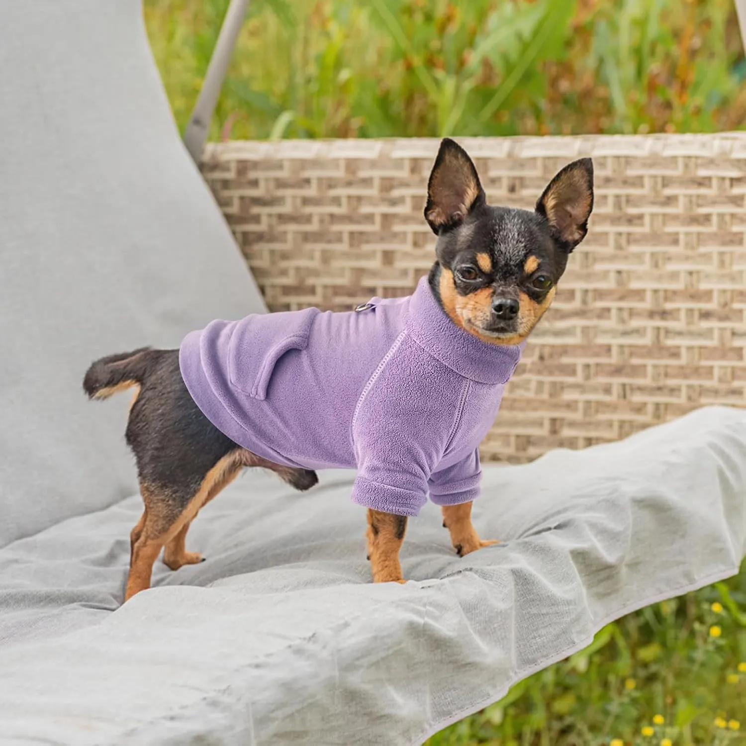 Idepet Fleece Dog Sweater 2 Pack, Winter Pet Clothes Turtleneck Sweatshirt, Stretchy Cat Coat with Leash Ring, Pink, Purple, X-Small