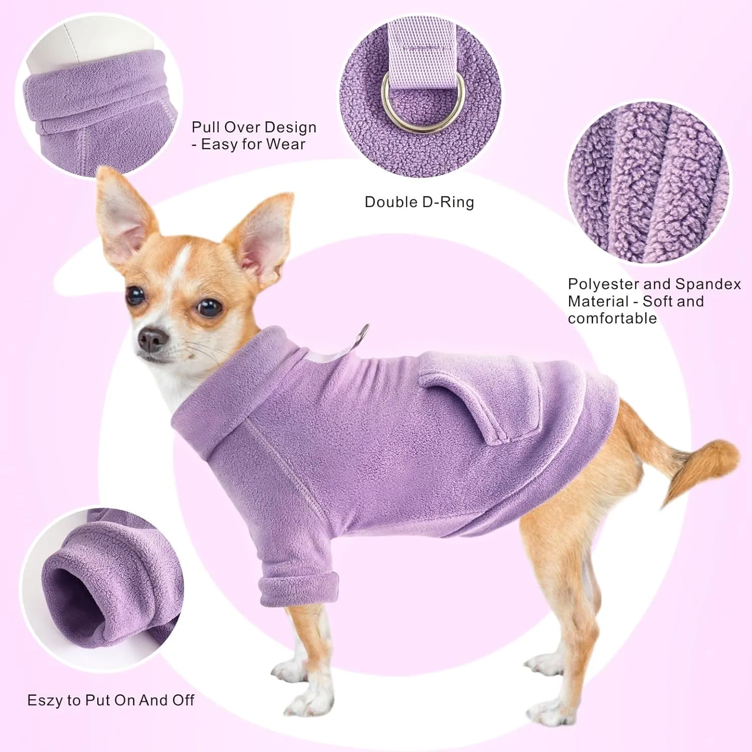 Idepet Fleece Dog Sweater 2 Pack, Winter Pet Clothes Turtleneck Sweatshirt, Stretchy Cat Coat with Leash Ring, Pink, Purple, X-Small