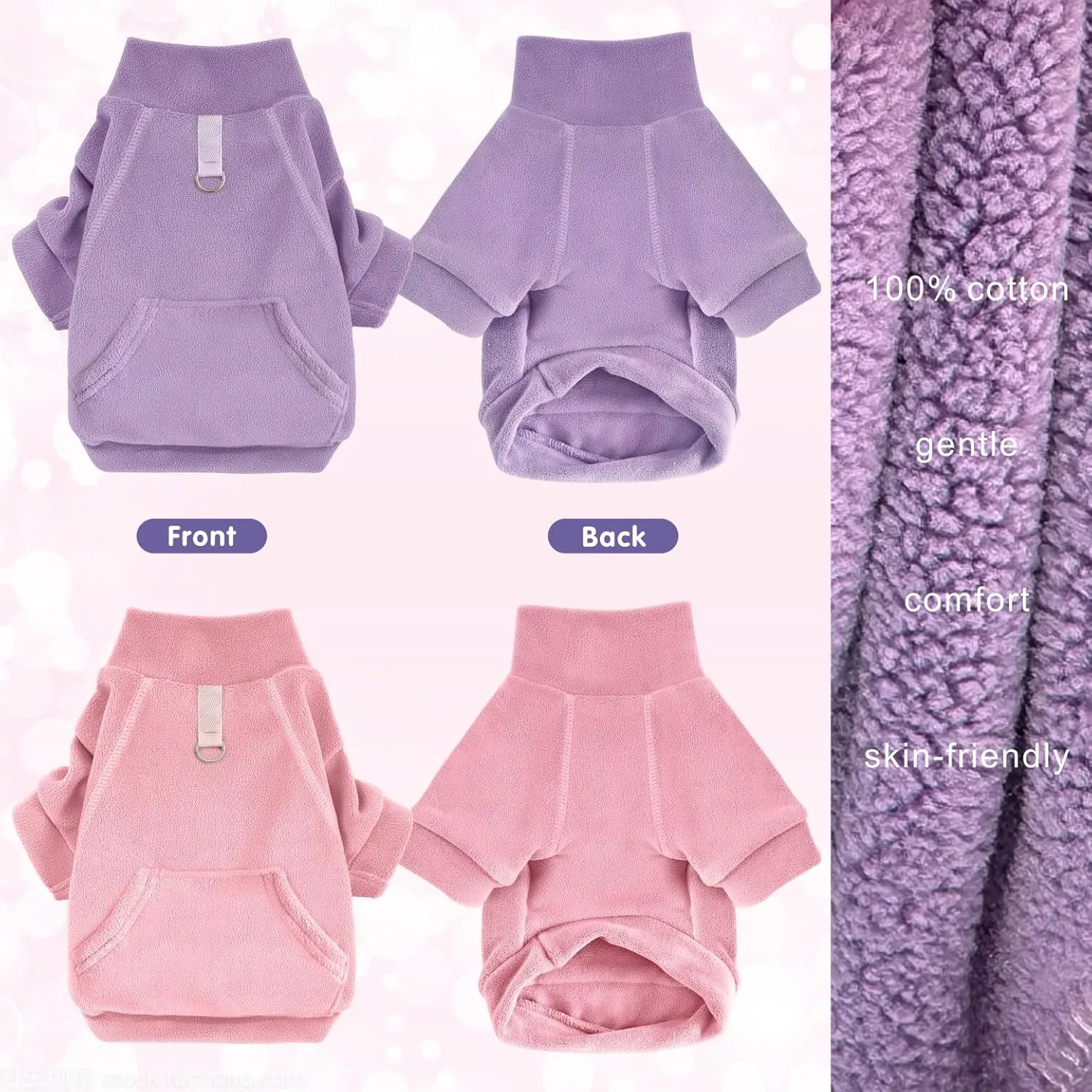 Idepet Fleece Dog Sweater 2 Pack, Winter Pet Clothes Turtleneck Sweatshirt, Stretchy Cat Coat with Leash Ring, Pink, Purple, X-Small