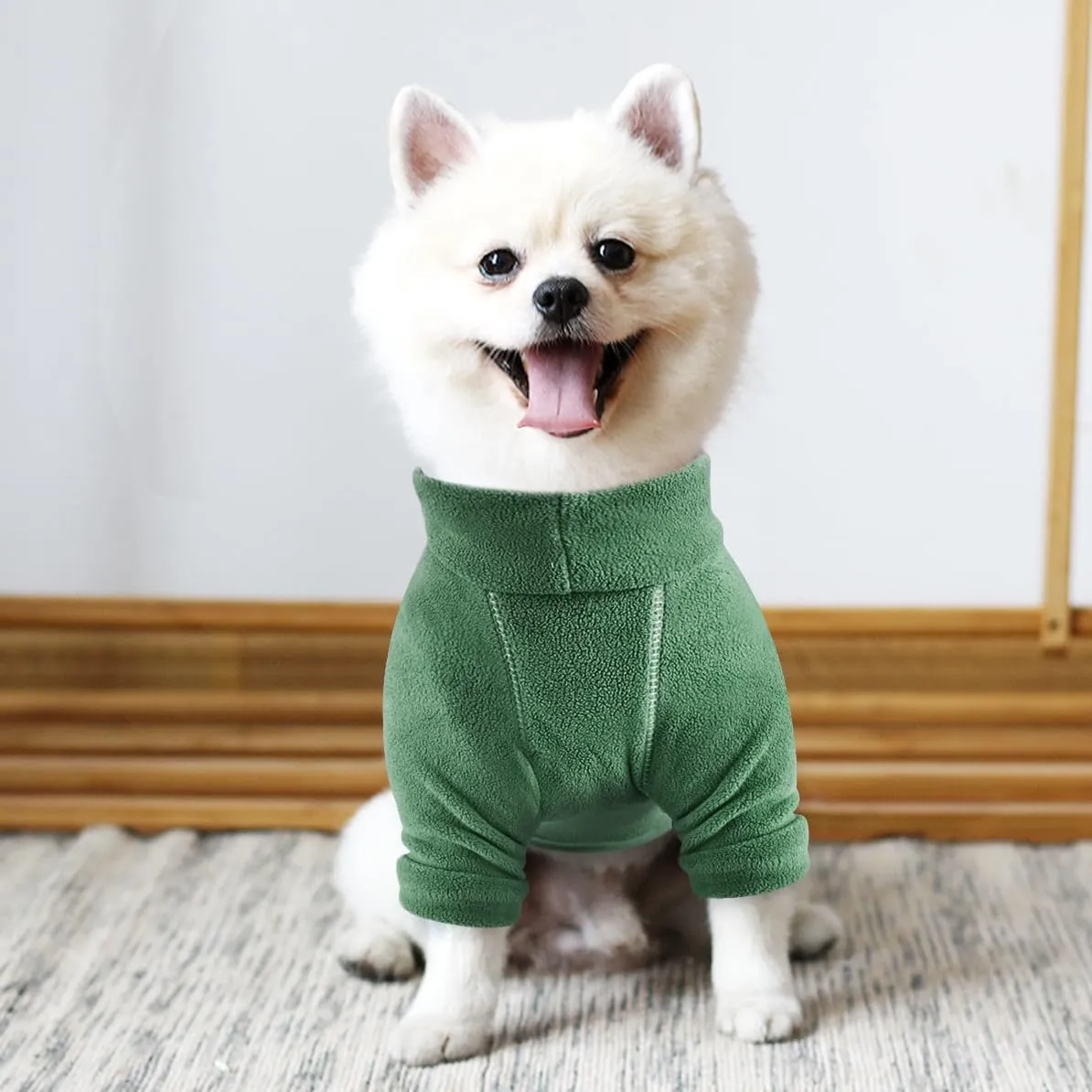 Idepet Fleece Dog Sweater 2 Pack, Winter Pet Clothes Turtleneck Sweatshirt Stretchy Small Dog & Cat Apparel with Leash Ring, Green, Dark Green, X-Small