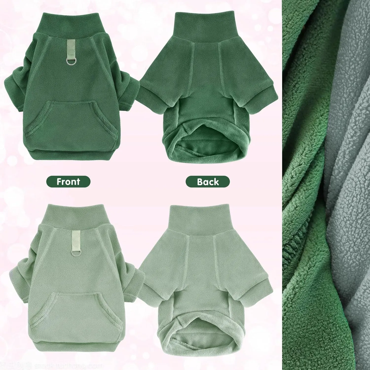Idepet Fleece Dog Sweater 2 Pack, Winter Pet Clothes Turtleneck Sweatshirt Stretchy Small Dog & Cat Apparel with Leash Ring, Green, Dark Green, X-Small
