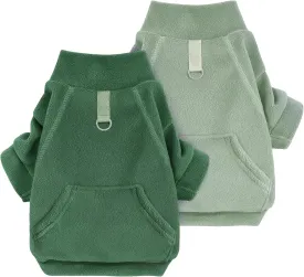 Idepet Fleece Dog Sweater 2 Pack, Winter Pet Clothes Turtleneck Sweatshirt Stretchy Small Dog & Cat Apparel with Leash Ring, Green, Dark Green, X-Small