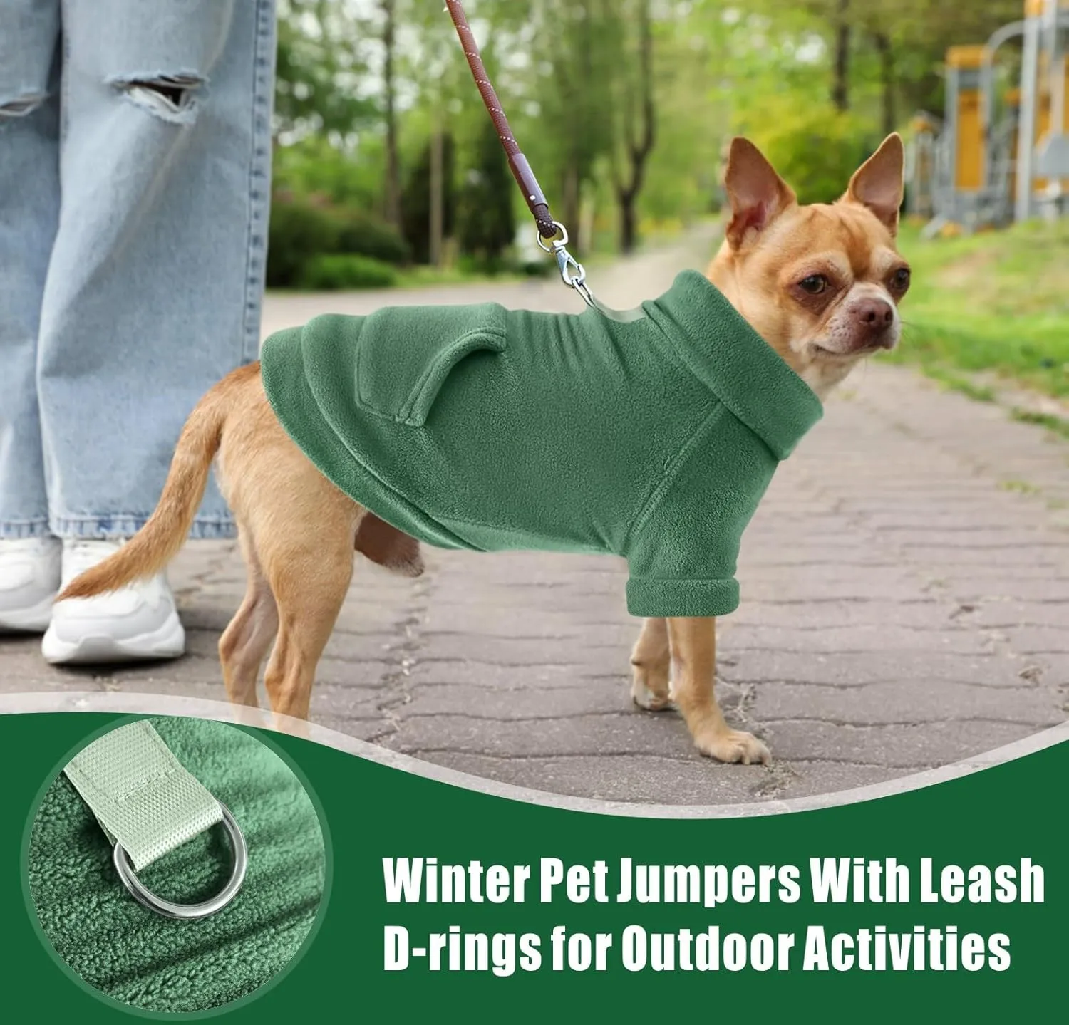 Idepet Fleece Dog Sweater 2 Pack, Winter Pet Clothes Turtleneck Sweatshirt Stretchy Small Dog & Cat Apparel with Leash Ring, Green, Dark Green, X-Small