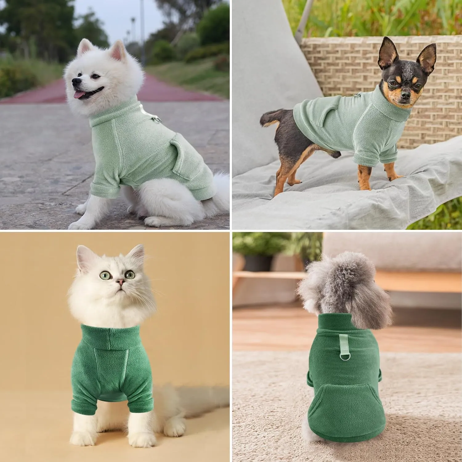 Idepet Fleece Dog Sweater 2 Pack, Winter Pet Clothes Turtleneck Sweatshirt Stretchy Small Dog & Cat Apparel with Leash Ring, Green, Dark Green, X-Small