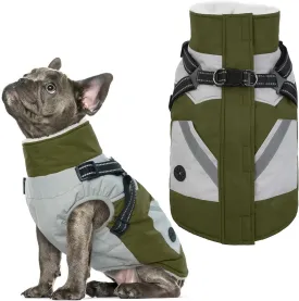 IECOii Dog Coat with Harness Built In - Green, Large - Waterproof Winter Coat, Fleece Lined Snow Jacket for Dogs