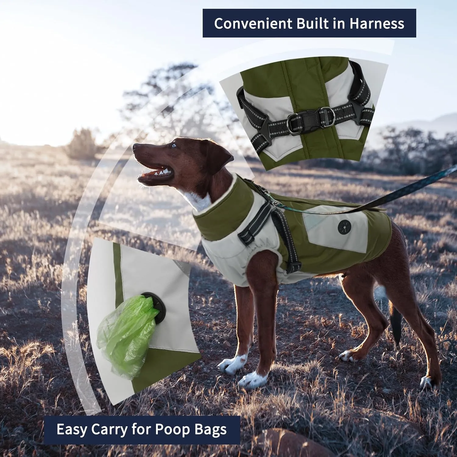 IECOii Dog Coat with Harness Built In - Green, Large - Waterproof Winter Coat, Fleece Lined Snow Jacket for Dogs