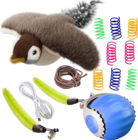 Interactive Cat Toy Gift Set - Flying Bird Cat Toy, Speedy Tail and Spring, Chirping Bird Cat Toy Flapping Wings Simulated Interactive Automatic Moving Cat Ball with Tail for Indoor Bored Cats