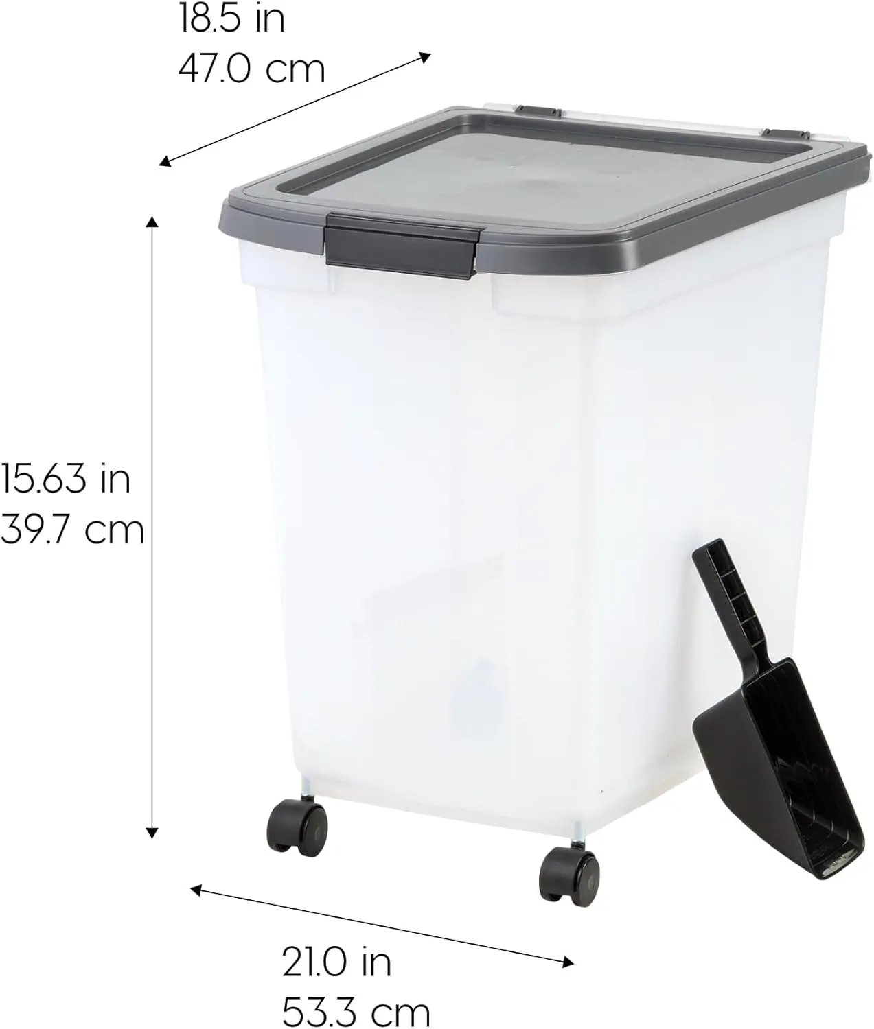 IRIS USA Dog Food Storage Container 50 lbs, with Removable Rolling Wheels & Included Scoop, for Dog Cat Bird and Other Pets, Food Storage Bin, Keep Fresh, Made in USA, Clear/Dark Gray