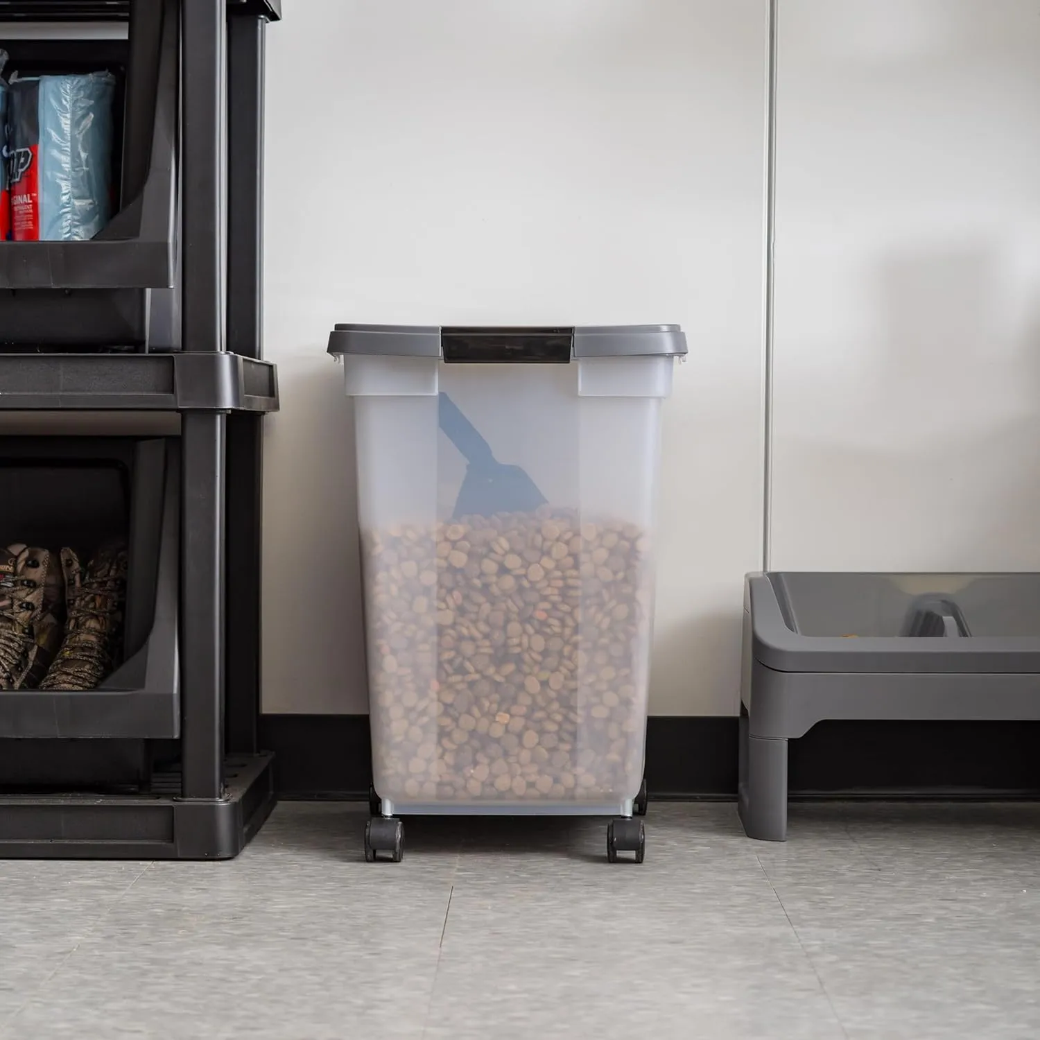 IRIS USA Dog Food Storage Container 50 lbs, with Removable Rolling Wheels & Included Scoop, for Dog Cat Bird and Other Pets, Food Storage Bin, Keep Fresh, Made in USA, Clear/Dark Gray