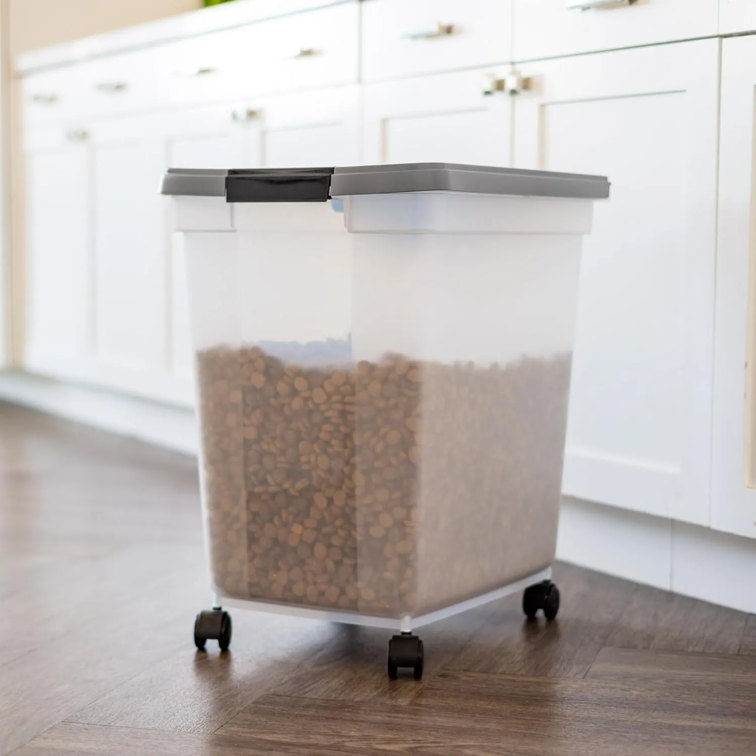 IRIS USA Dog Food Storage Container 50 lbs, with Removable Rolling Wheels & Included Scoop, for Dog Cat Bird and Other Pets, Food Storage Bin, Keep Fresh, Made in USA, Clear/Dark Gray