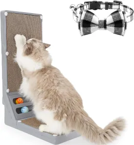 Joytale L Shaped Cat Scratcher and Cat Collar with Bells Set, Interactive Cat Scratching Board with 2 Ball Toys and 1 Pack Breakaway Cat Collars with Bow Tie, Black
