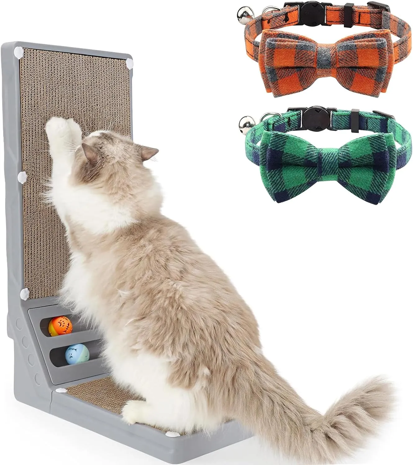 Joytale L Shaped Cat Scratcher and Cat Collar with Bells Set, Interactive Cat Scratching Board with 2 Ball Toys and 2 Pack Breakaway Cat Collars with Bow Tie, Green Orange