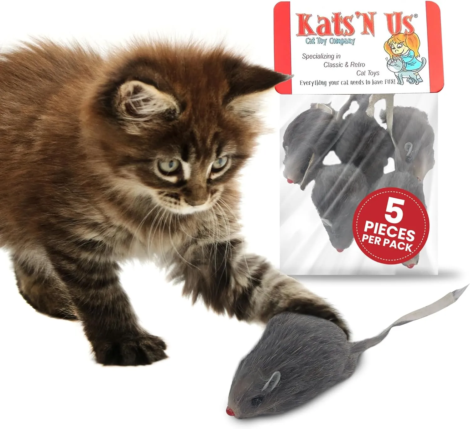 Kats'N Us Rabbit Fur Mouse Cat Toy Pack - Interactive Fun with 5 Gray Mice - Indoor Cats' Delight - Furry Play Combo - Cat Toy Mix! - 5 Pack NO Rattle