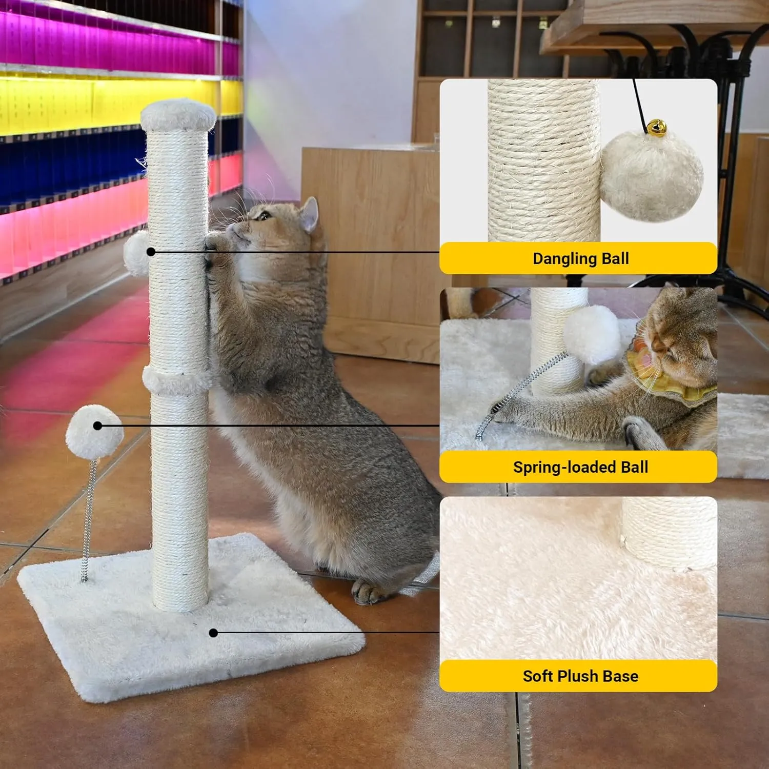 KINGROCK Tall Cat Scratching Posts for Indoor Cats, Scratching Post with Plush Toys for Kittens or Smaller Cats, Premium Sisal Post for Cats at All Ages with Reinforced Stable Base