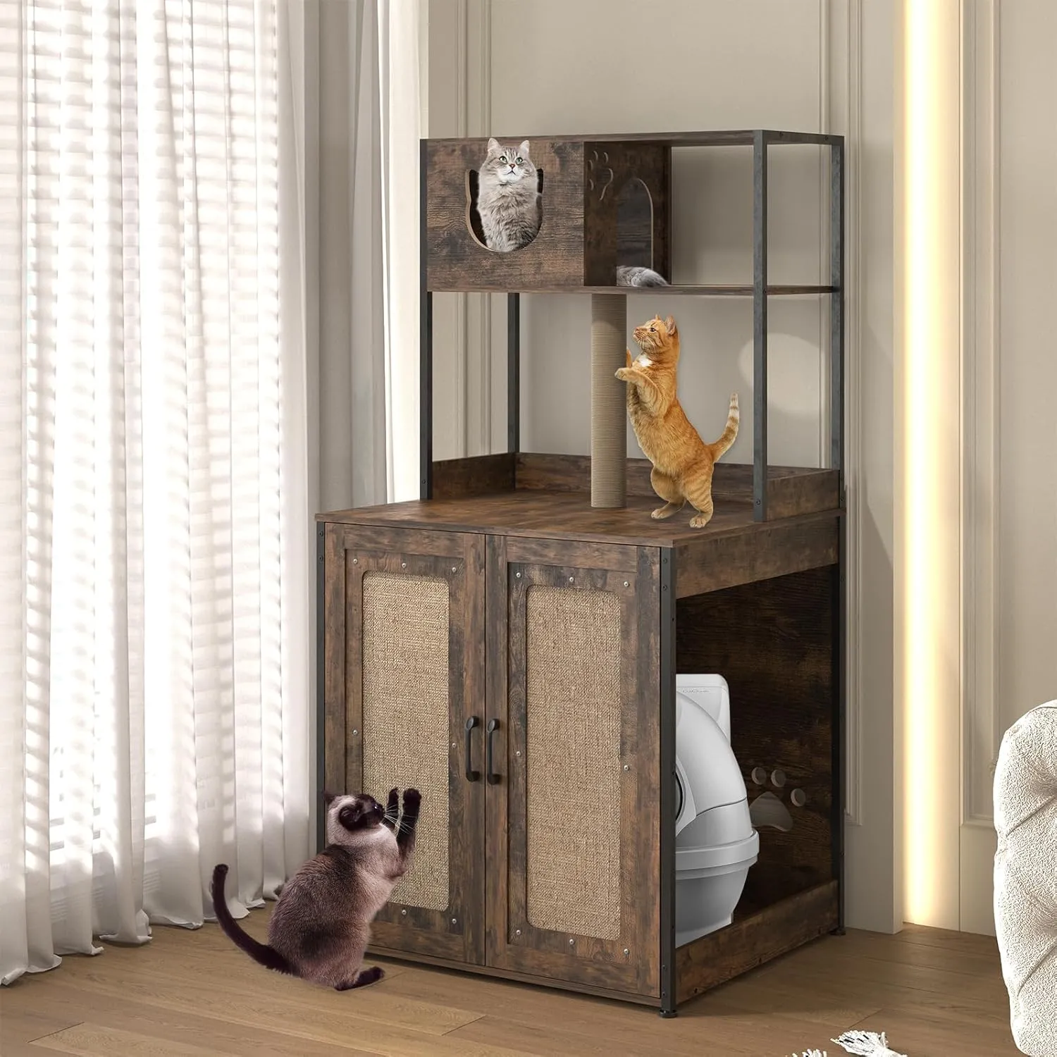 Large Cat Litter Box Enclosure Furniture,Hidden Litter Robot Cabinet with Sisal Cat Scratcher&Shelves,Wooden Cat House Washroom for Self Cleaning Litter Boxes,Rustic Brown