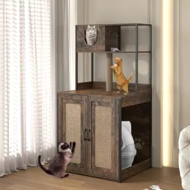 Large Cat Litter Box Enclosure Furniture,Hidden Litter Robot Cabinet with Sisal Cat Scratcher&Shelves,Wooden Cat House Washroom for Self Cleaning Litter Boxes,Rustic Brown