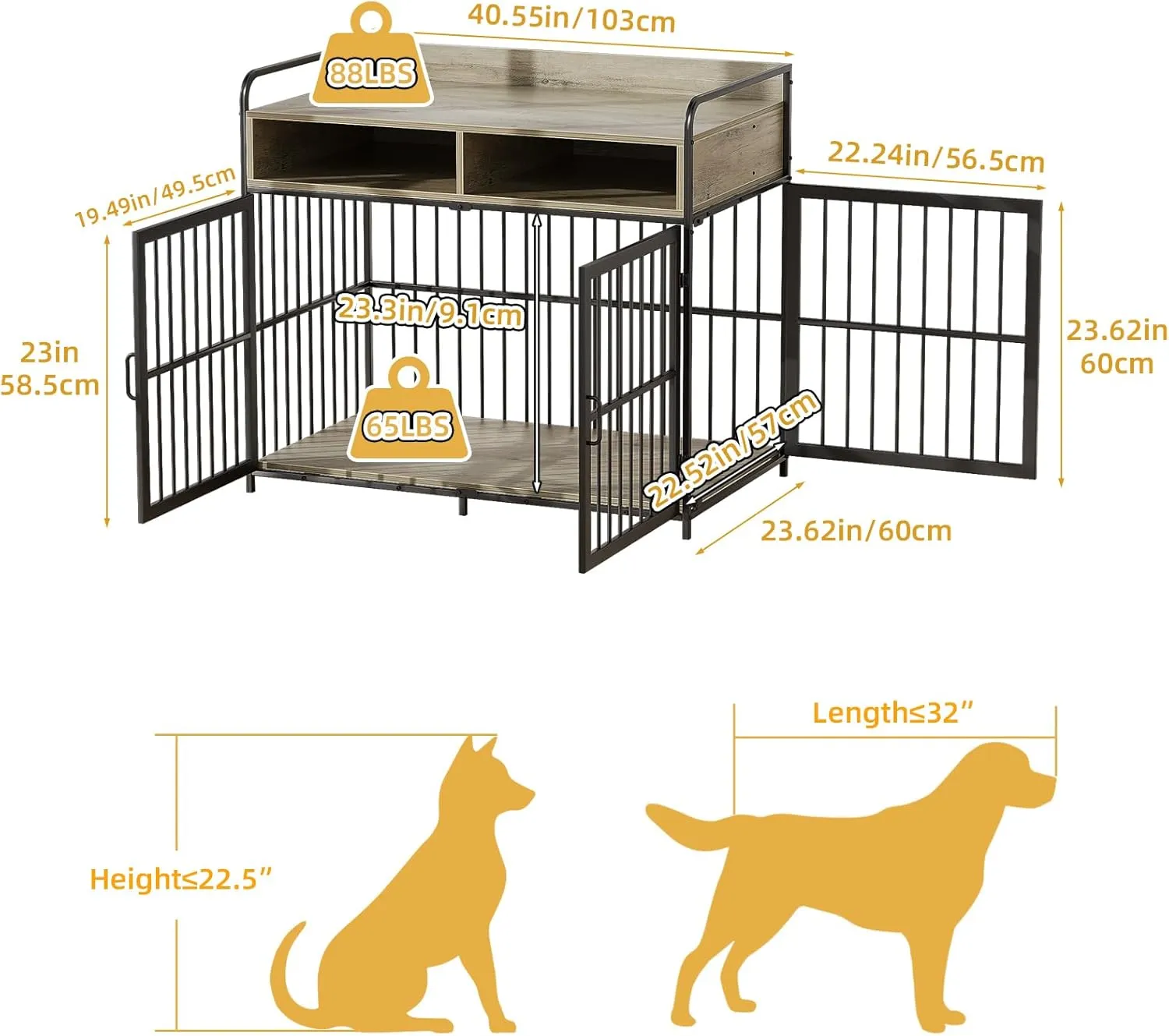 Large Furniture Dog Crate, Dog Kennel Indoor, Wood Dog Cage Table with Drawers Storage, Heavy Duty Dog Crate, Jaula para Perros, Sturdy Metal, 40.5" L23.6" W35.4" H, Rustic Grey