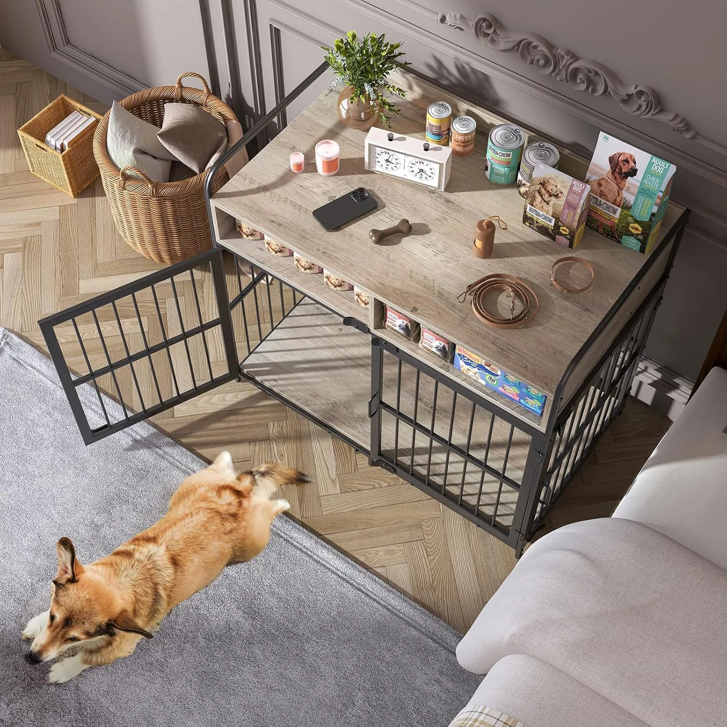 Large Furniture Dog Crate, Dog Kennel Indoor, Wood Dog Cage Table with Drawers Storage, Heavy Duty Dog Crate, Jaula para Perros, Sturdy Metal, 40.5" L23.6" W35.4" H, Rustic Grey