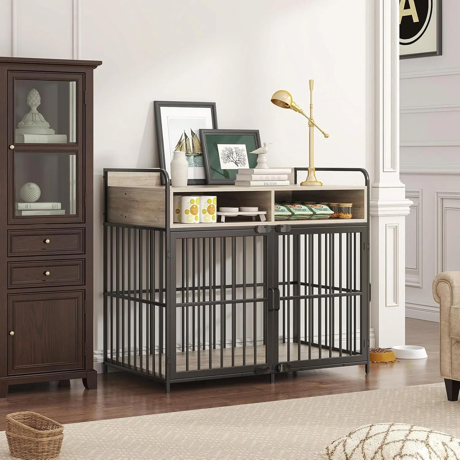 Large Furniture Dog Crate, Dog Kennel Indoor, Wood Dog Cage Table with Drawers Storage, Heavy Duty Dog Crate, Jaula para Perros, Sturdy Metal, 40.5" L23.6" W35.4" H, Rustic Grey
