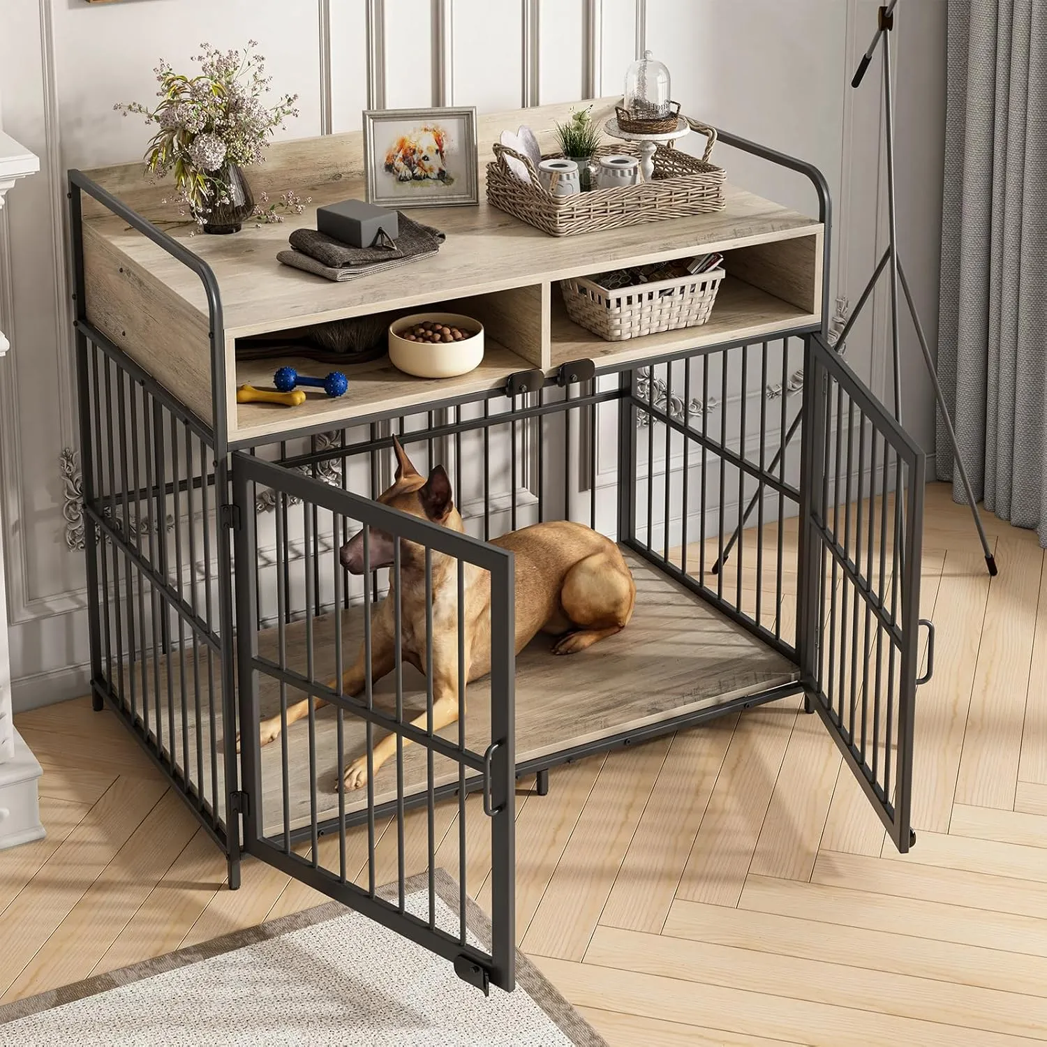 Large Furniture Dog Crate, Dog Kennel Indoor, Wood Dog Cage Table with Drawers Storage, Heavy Duty Dog Crate, Jaula para Perros, Sturdy Metal, 40.5" L23.6" W35.4" H, Rustic Grey