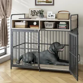 Large Furniture Dog Crate, Dog Kennel Indoor, Wood Dog Cage Table with Drawers Storage, Heavy Duty Dog Crate, Jaula para Perros, Sturdy Metal, 40.5" L23.6" W35.4" H, Rustic Grey