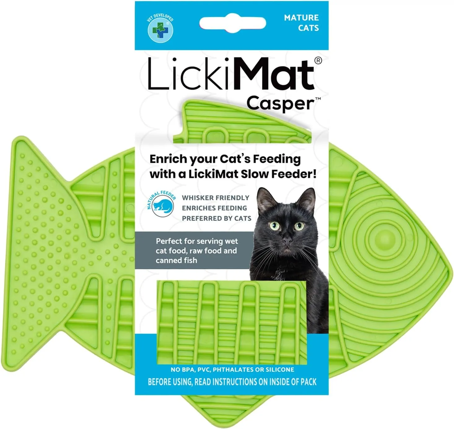 LickiMat Casper, Fish-Shaped Cat Slow Feeders Lick Mat, Boredom Anxiety Reducer; Perfect for Food, Treats, Yogurt, or Peanut Butter. Fun Alternative to a Slow Feed Cat Bowl or Dish, Green