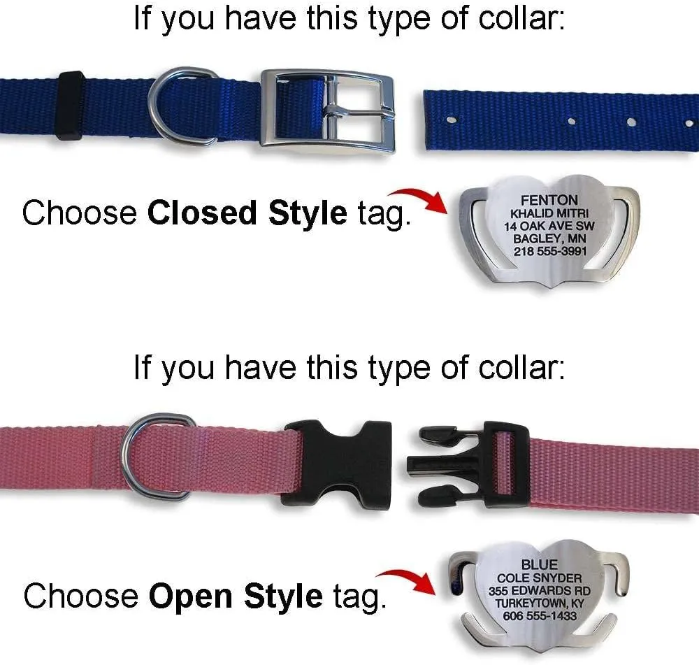 LuckyPet Slide-On Heart Pet ID Tags, Personalized Dog and Cat Tags, Silent, Chew-Proof Stainless Steel Collar Tags, Custom Engraved, Small-fits 3/8 inch Collars, Open Ends