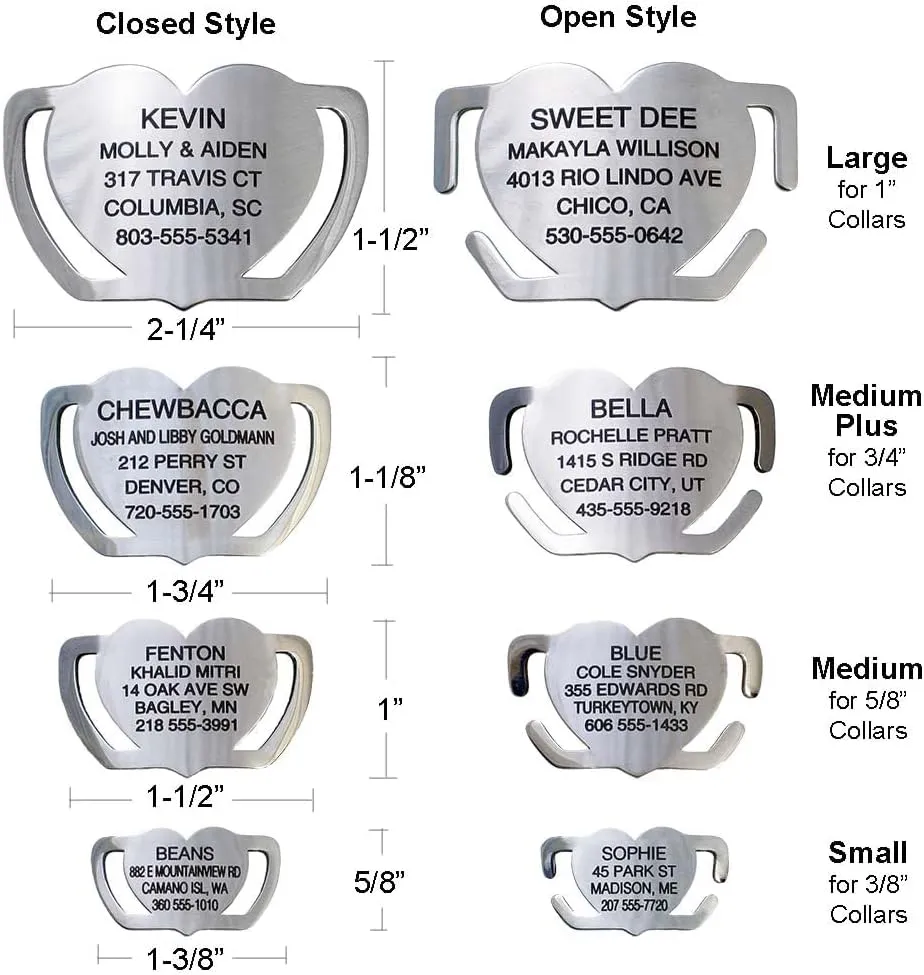 LuckyPet Slide-On Heart Pet ID Tags, Personalized Dog and Cat Tags, Silent, Chew-Proof Stainless Steel Collar Tags, Custom Engraved, Small-fits 3/8 inch Collars, Open Ends