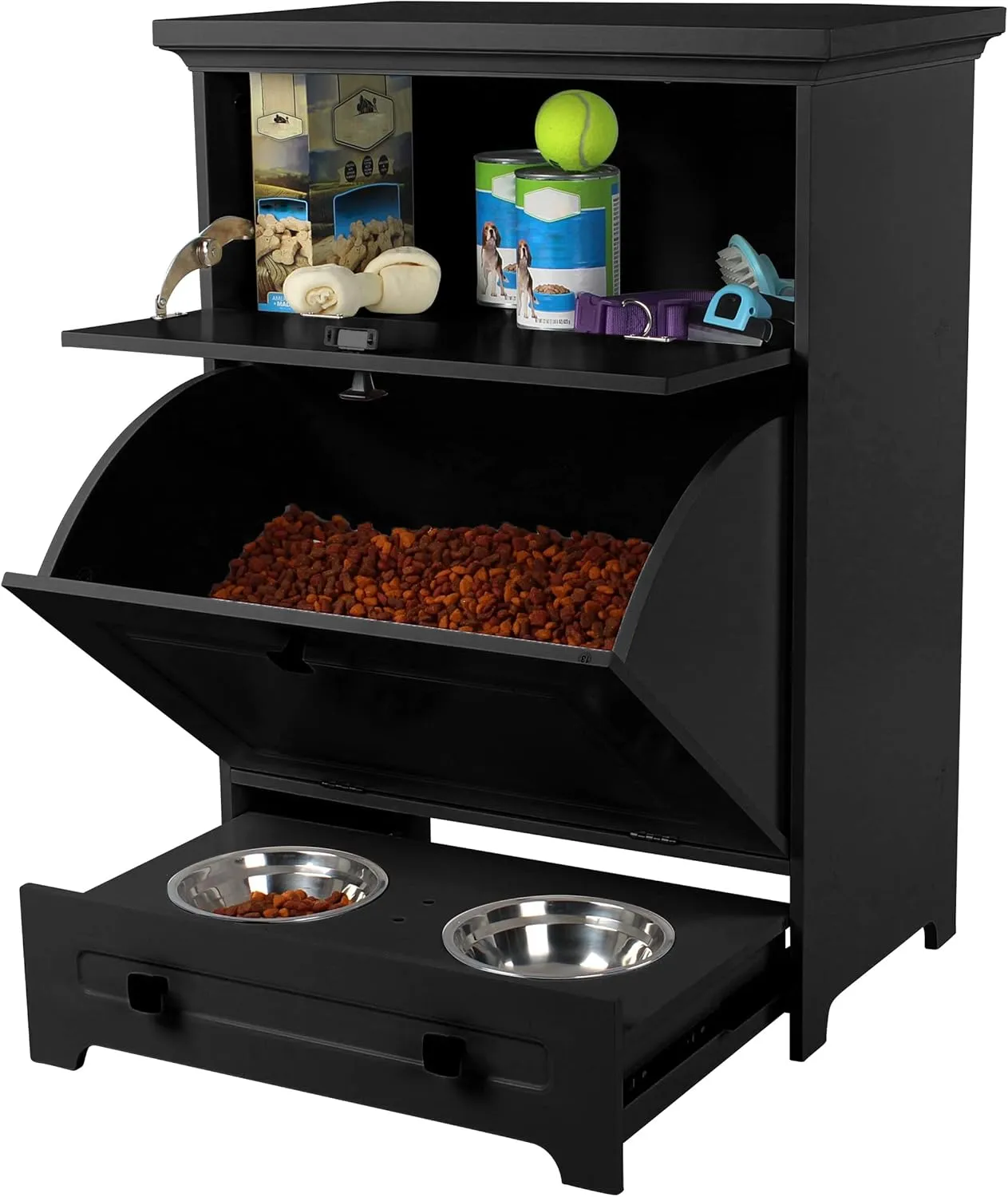MiMu Raised Dog Bowl Stand with Food Storage Cabinet - Black Dog & Cat Feeder Station