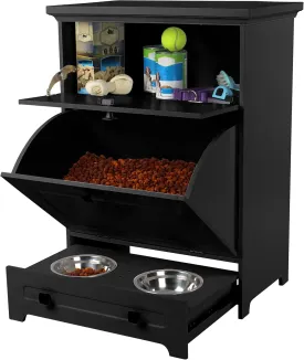 MiMu Raised Dog Bowl Stand with Food Storage Cabinet - Black Dog & Cat Feeder Station