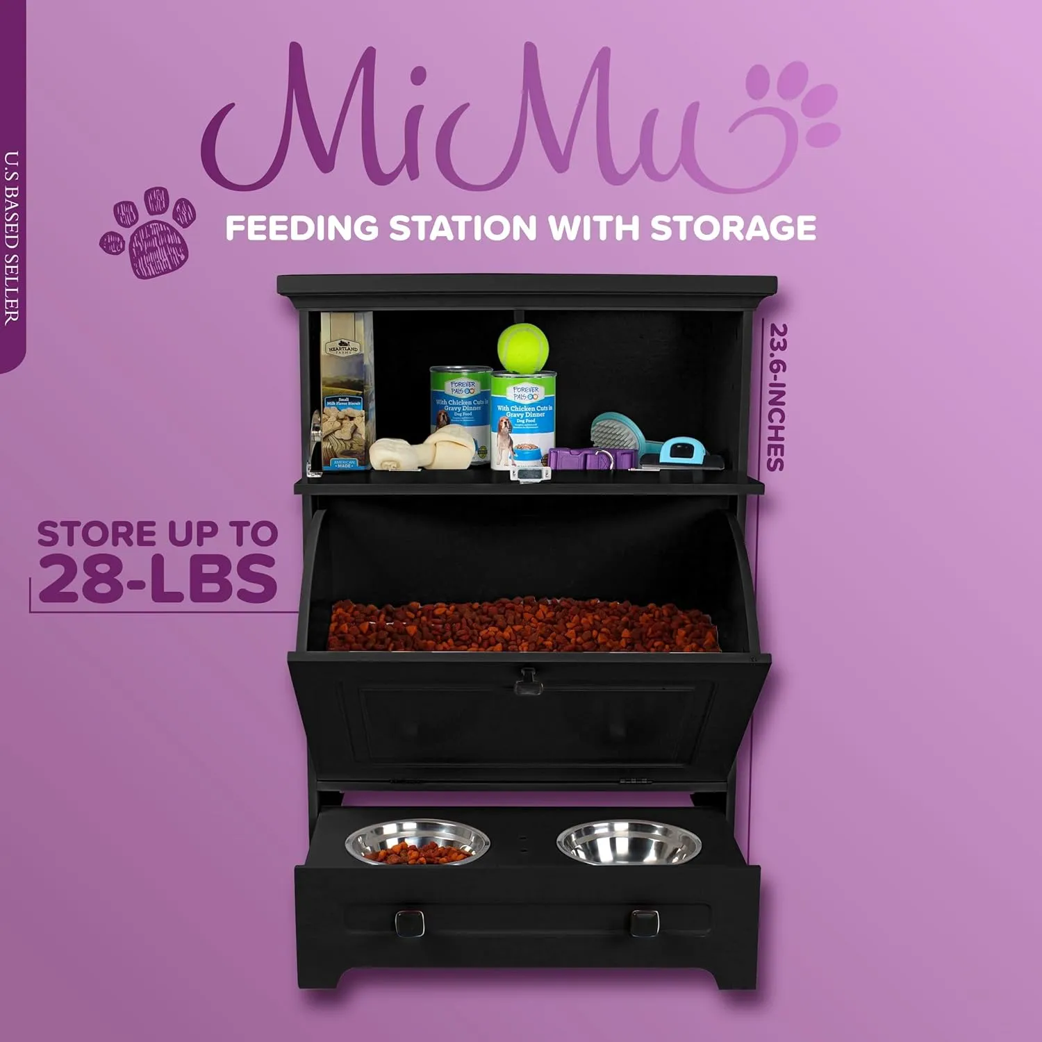 MiMu Raised Dog Bowl Stand with Food Storage Cabinet - Black Dog & Cat Feeder Station