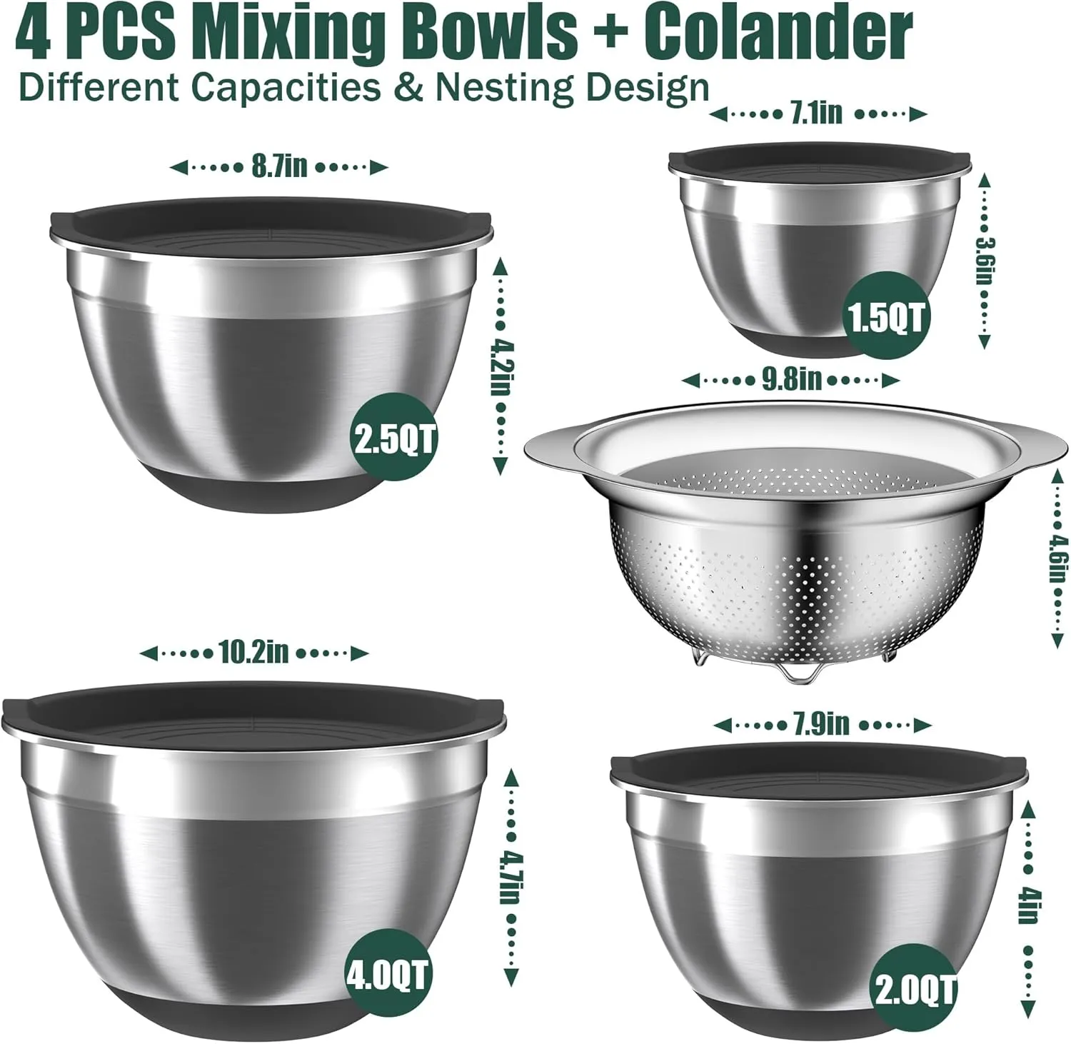 Mixing Bowls with Airtight Lids Set, 4 Stainless Steel Bowls Nesting Bowls & Colander, Kitchen Organizers and Storage Non-Slip Bottom, Size 1.5/2.0/2.5/4.0QT, Great for Mixing & Serving, Black