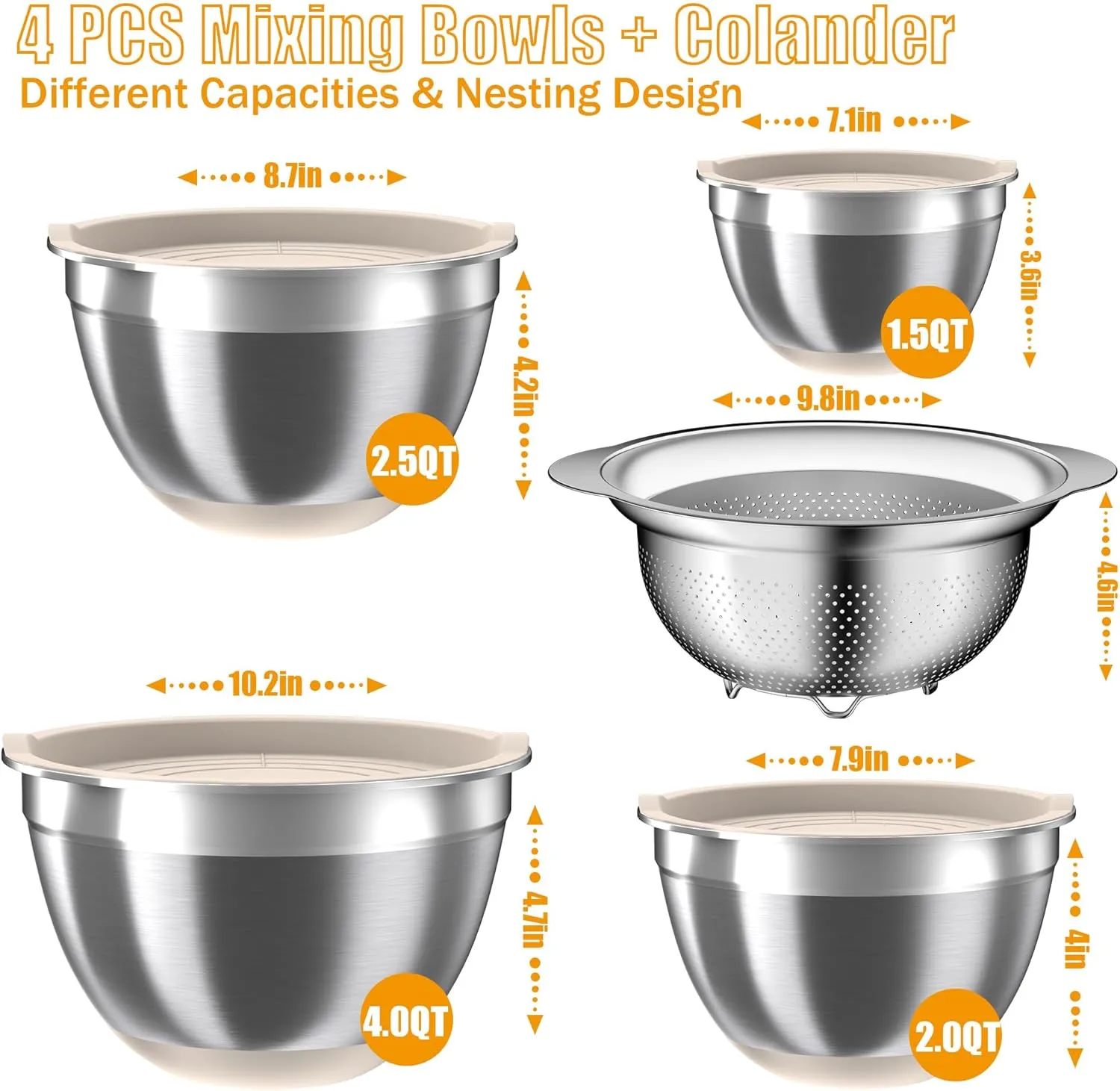 Mixing Bowls with Airtight Lids Set, 4 Stainless Steel Bowls Nesting Bowls & Colander, Kitchen Organizers and Storage Non-Slip Bottom, Size 1.5/2.0/2.5/4.0QT, Great for Mixing & Serving, Khaki