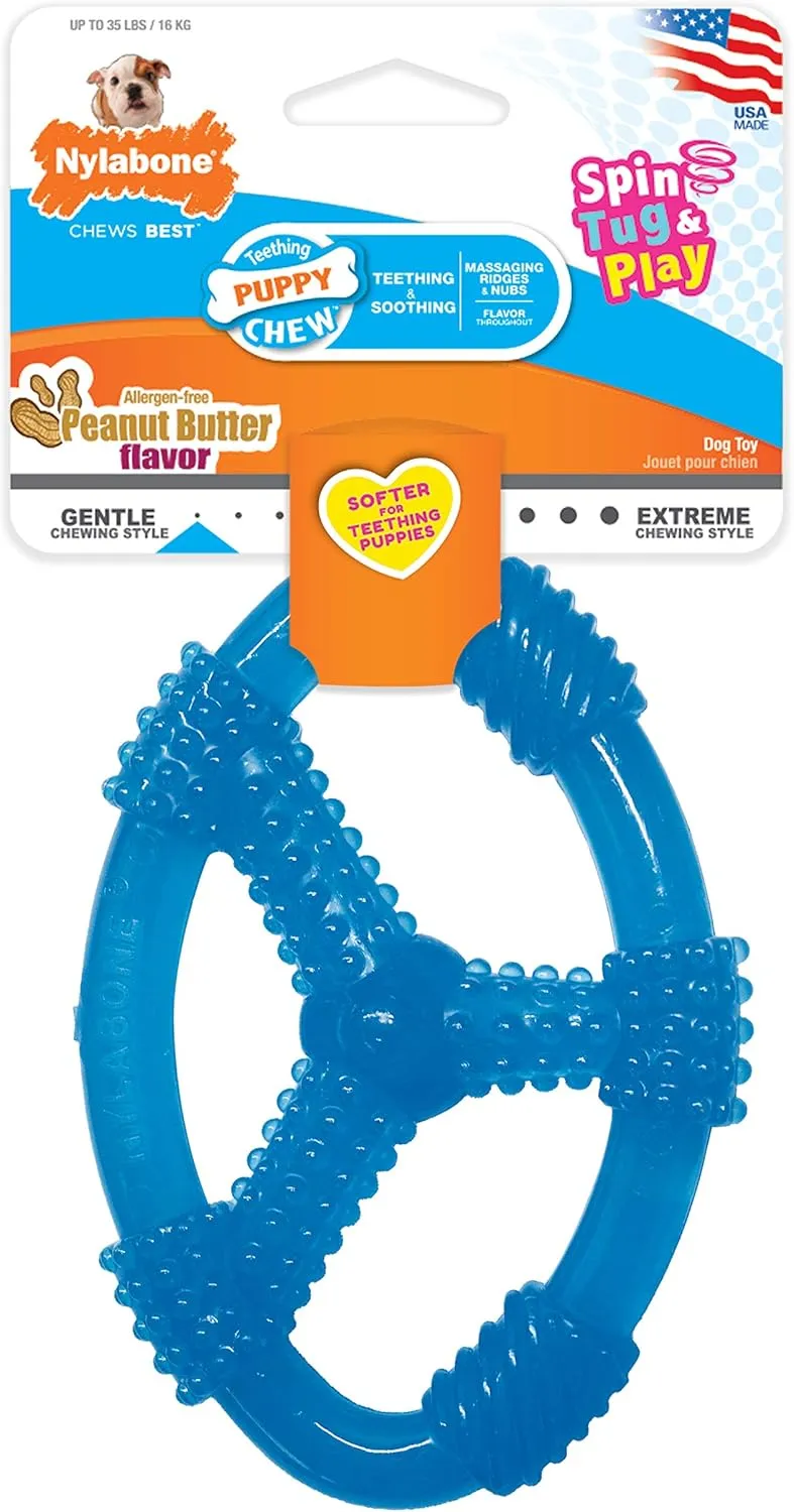 Nylabone Spin Tug & Play Puppy Chew Ring Toy, Toys for Teething Puppies, Peanut Butter Flavor, Blue, Medium - Up to 35 lbs, 1 Count