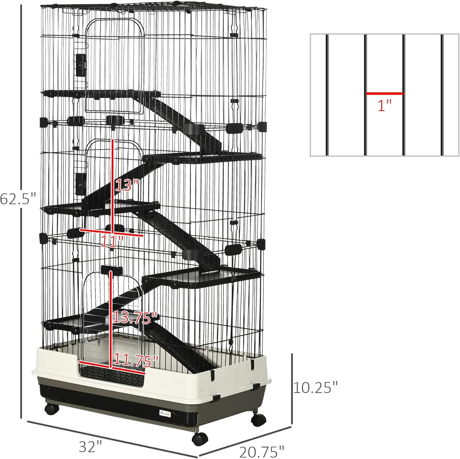 PawHut 6-Level Small Animal Cage Rabbit Hutch with Wheels, Removable Tray, Platform and Ramp for Bunny, Chinchillas, Ferret, Black