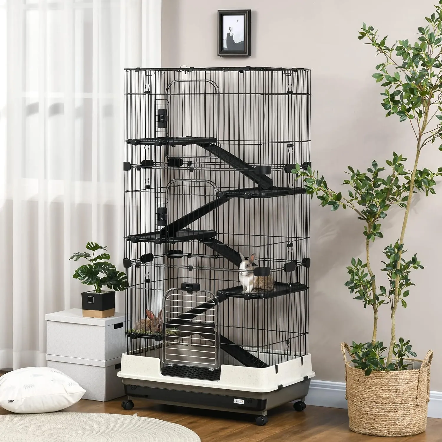 PawHut 6-Level Small Animal Cage Rabbit Hutch with Wheels, Removable Tray, Platform and Ramp for Bunny, Chinchillas, Ferret, Black