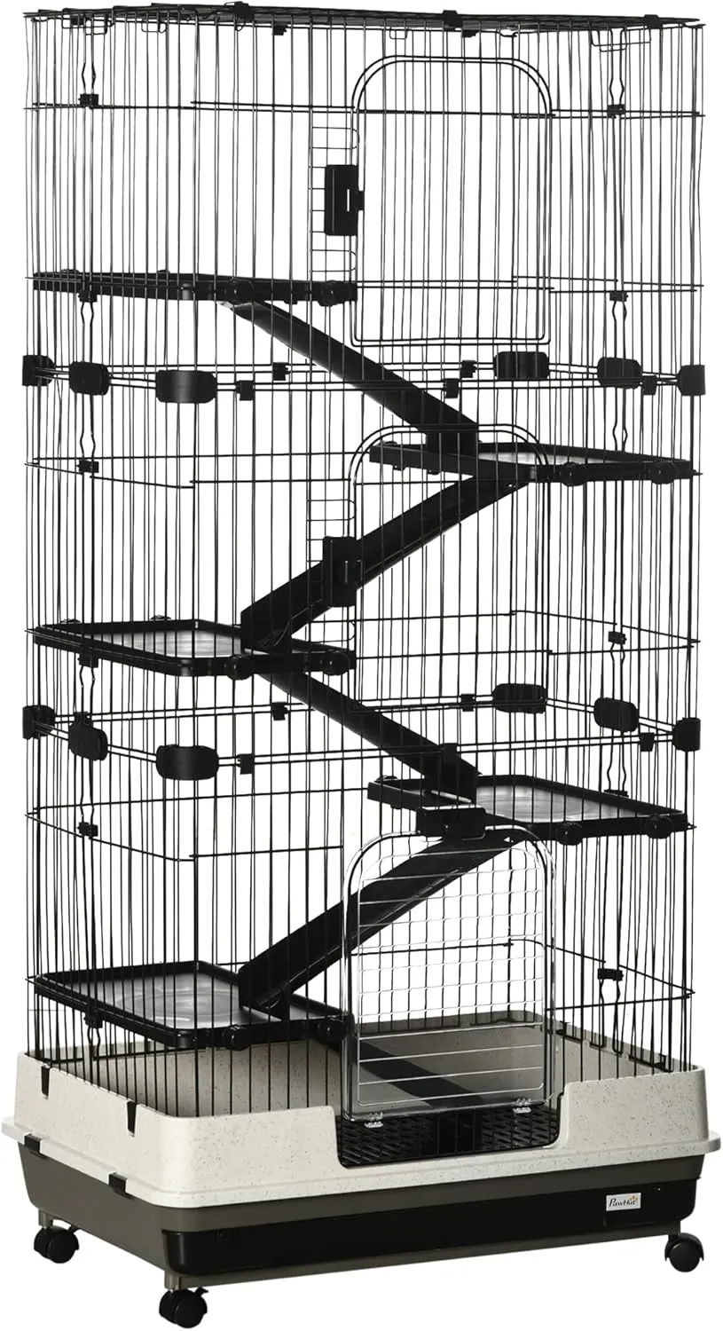 PawHut 6-Level Small Animal Cage Rabbit Hutch with Wheels, Removable Tray, Platform and Ramp for Bunny, Chinchillas, Ferret, Black