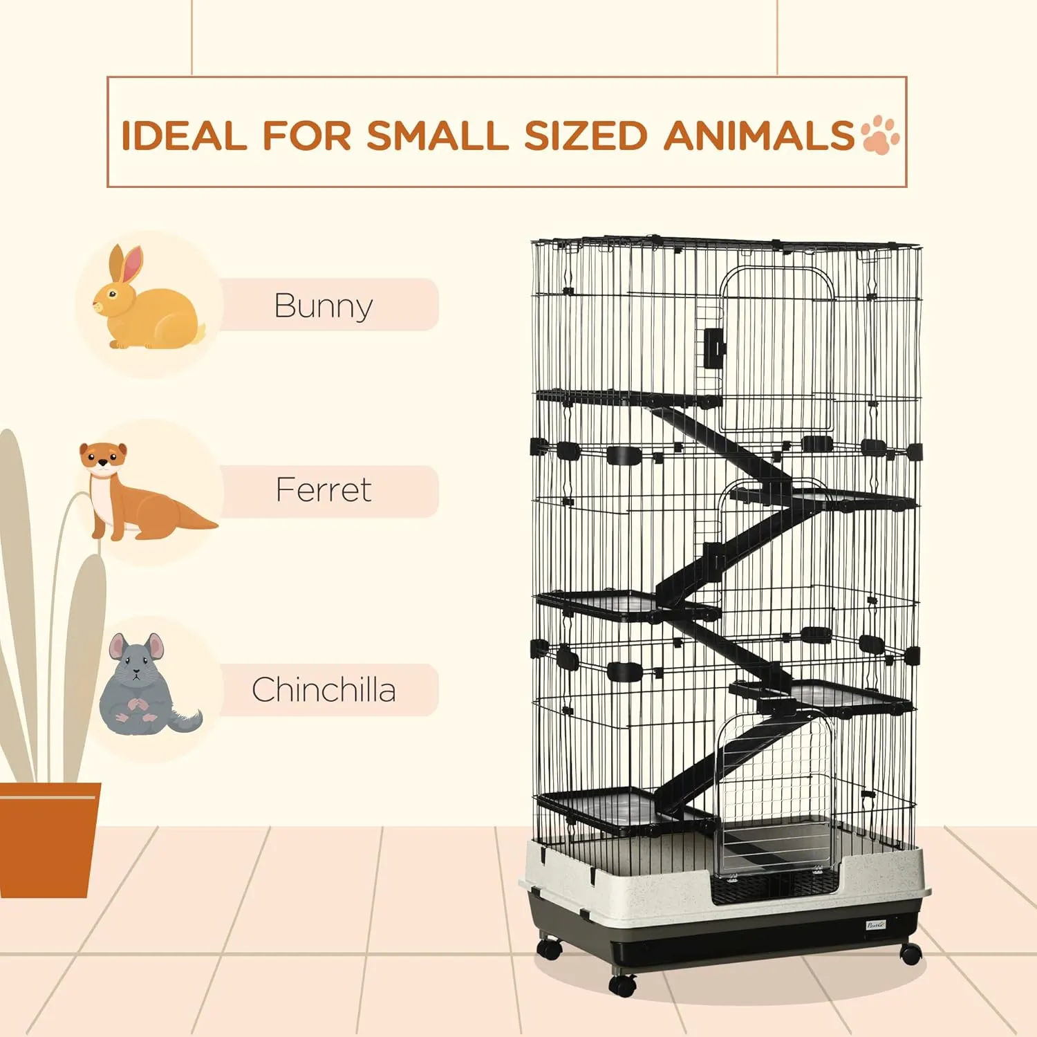 PawHut 6-Level Small Animal Cage Rabbit Hutch with Wheels, Removable Tray, Platform and Ramp for Bunny, Chinchillas, Ferret, Black