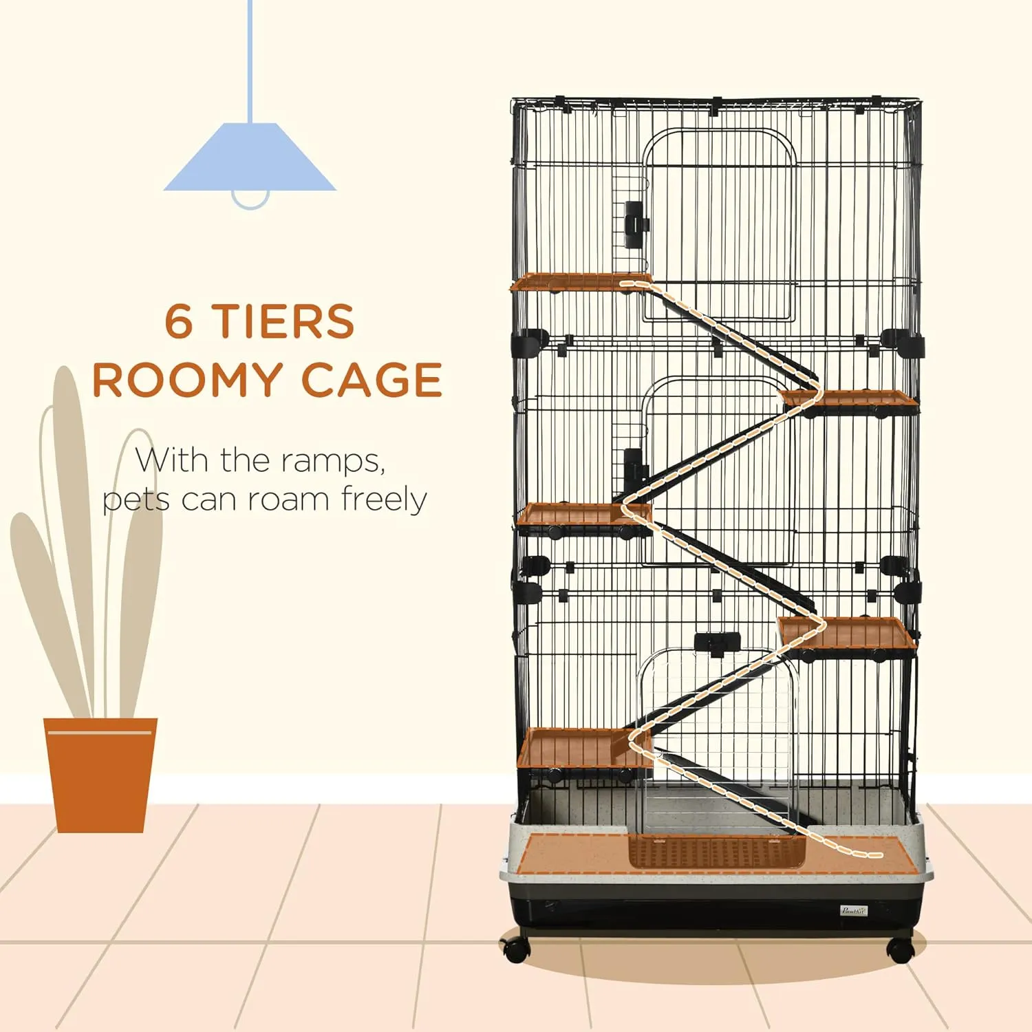 PawHut 6-Level Small Animal Cage Rabbit Hutch with Wheels, Removable Tray, Platform and Ramp for Bunny, Chinchillas, Ferret, Black