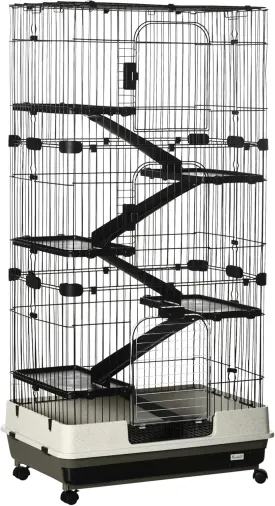 PawHut 6-Level Small Animal Cage Rabbit Hutch with Wheels, Removable Tray, Platform and Ramp for Bunny, Chinchillas, Ferret, Black