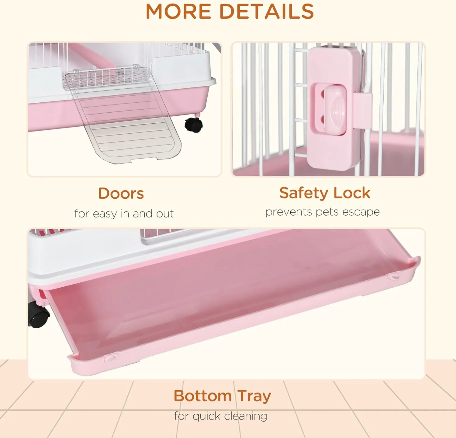 PawHut 6-Level Small Animal Cage Rabbit Hutch with Wheels, Removable Tray, Platform and Ramp for Bunny, Chinchillas, Ferret, Pink