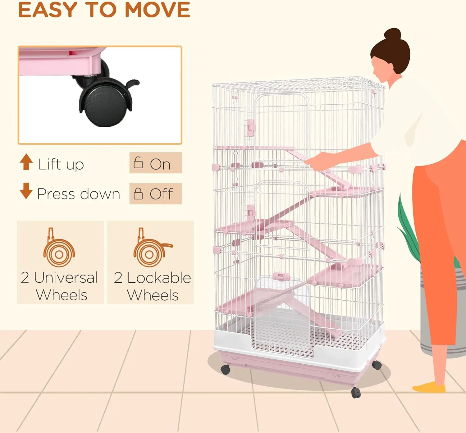 PawHut 6-Level Small Animal Cage Rabbit Hutch with Wheels, Removable Tray, Platform and Ramp for Bunny, Chinchillas, Ferret, Pink