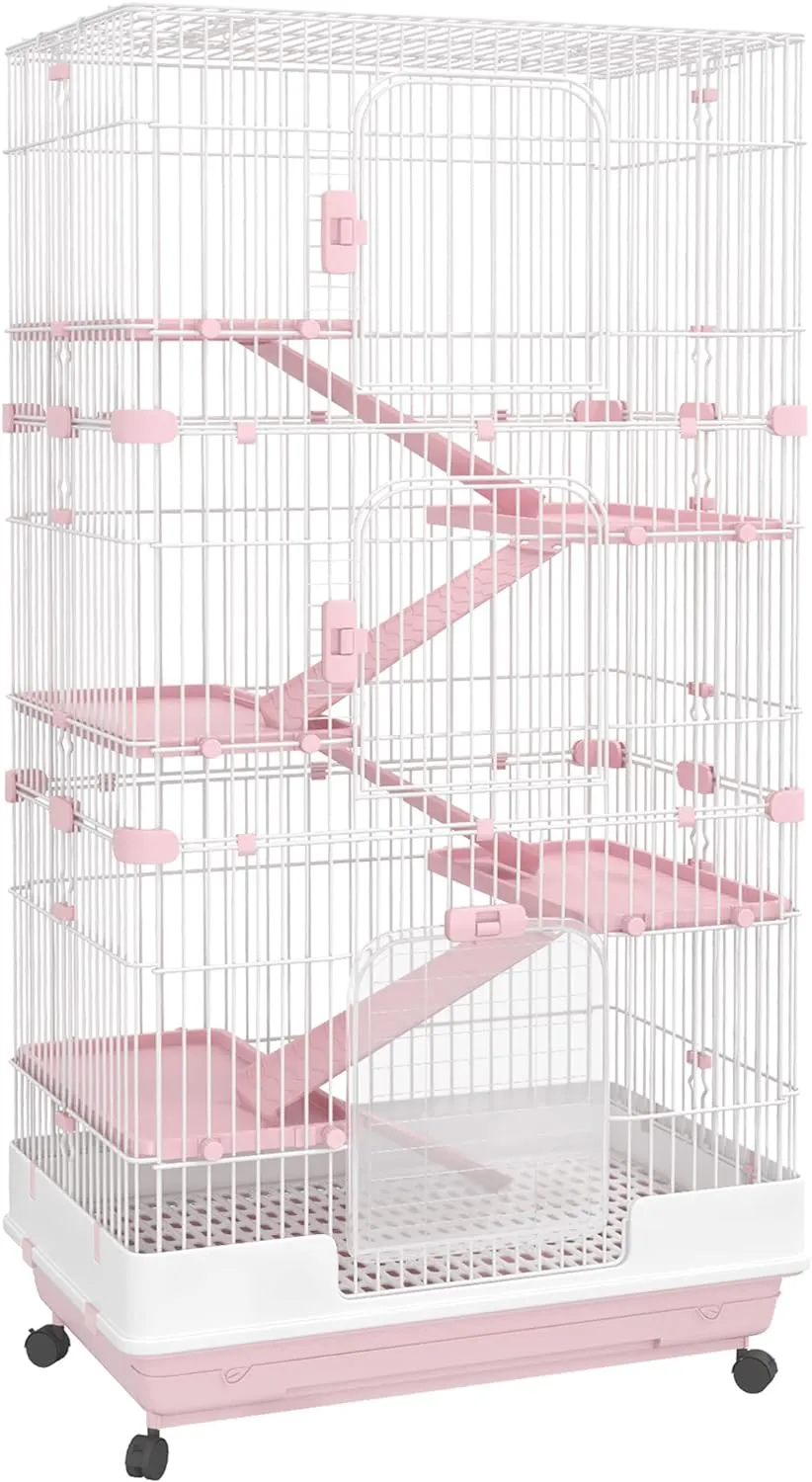 PawHut 6-Level Small Animal Cage Rabbit Hutch with Wheels, Removable Tray, Platform and Ramp for Bunny, Chinchillas, Ferret, Pink
