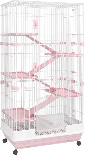 PawHut 6-Level Small Animal Cage Rabbit Hutch with Wheels, Removable Tray, Platform and Ramp for Bunny, Chinchillas, Ferret, Pink