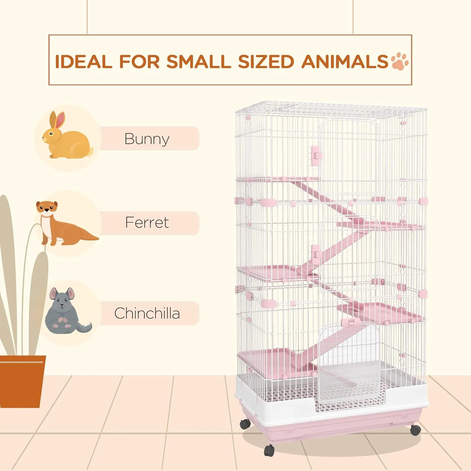 PawHut 6-Level Small Animal Cage Rabbit Hutch with Wheels, Removable Tray, Platform and Ramp for Bunny, Chinchillas, Ferret, Pink