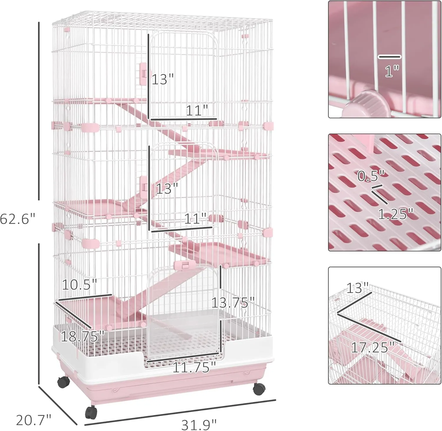 PawHut 6-Level Small Animal Cage Rabbit Hutch with Wheels, Removable Tray, Platform and Ramp for Bunny, Chinchillas, Ferret, Pink