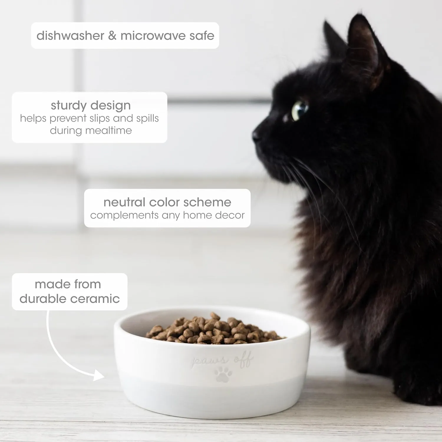 Pearhead Paws Off Ceramic Cat Bowl, Holds 1.3 Cups, Small Food and Water Bowl for Cats, Pet Dish, Microwave and Dishwasher Safe