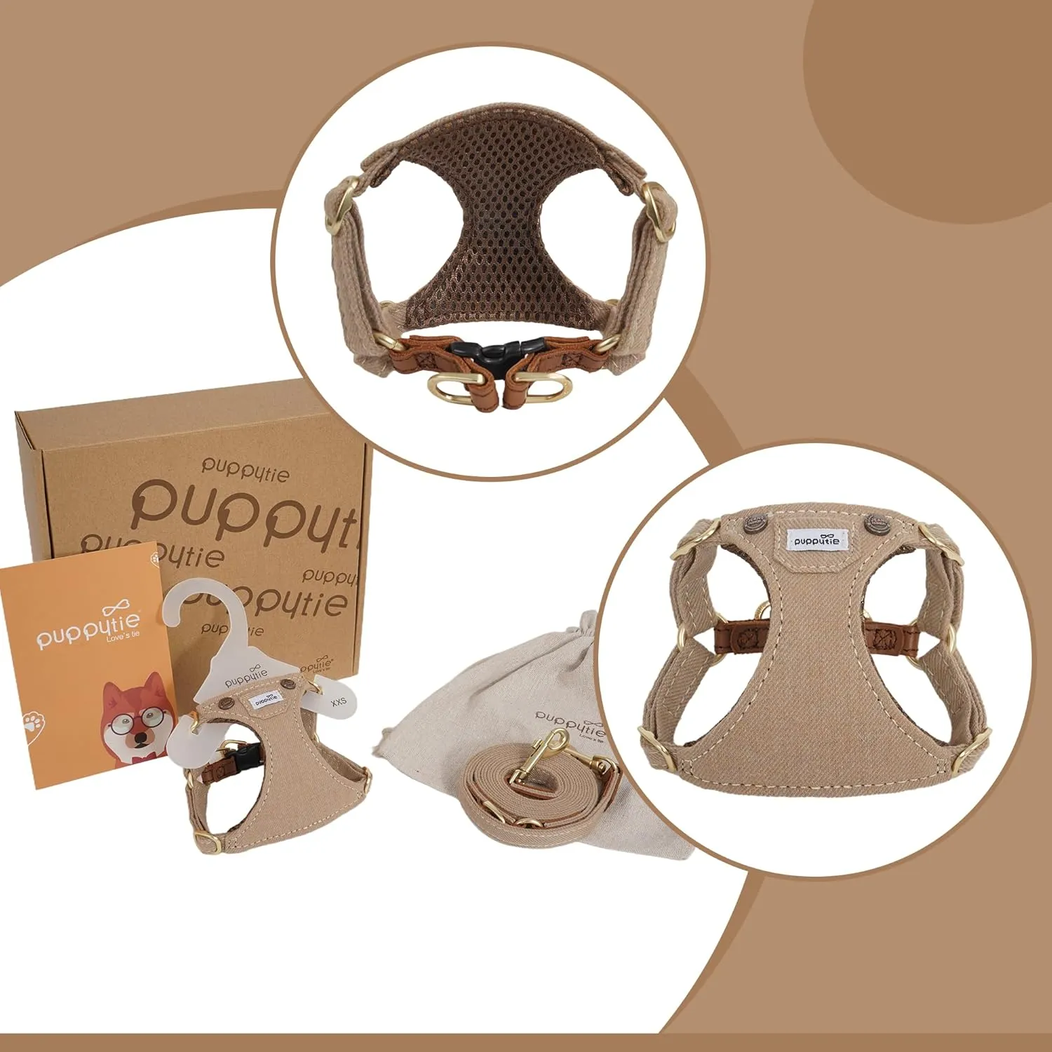 Puppytie No Pull Dog Harness with Multifunction Dog Leash,Soft Adjustable No Choke Escape Proof Pet Harness Vest for Medium Dogs,Denim Mocha Brown,M