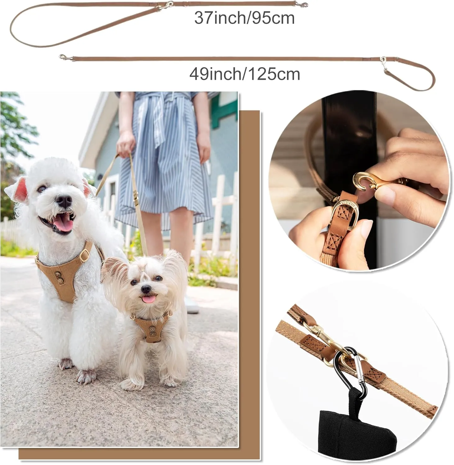 Puppytie No Pull Dog Harness with Multifunction Dog Leash,Soft Adjustable No Choke Escape Proof Pet Harness Vest for Medium Dogs,Denim Mocha Brown,M