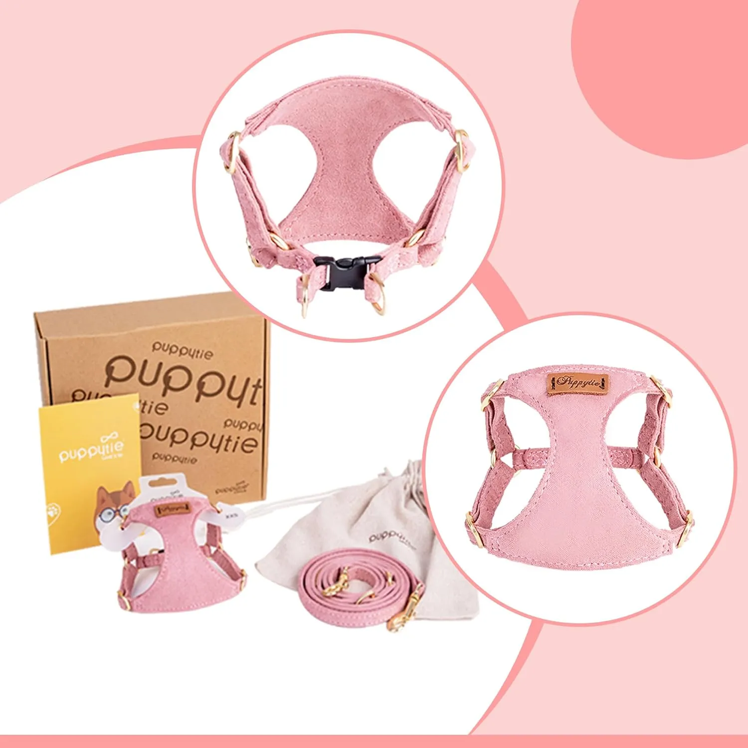 Puppytie No Pull XXS Puppy Harness with Multifunction Dog Leash,Soft Adjustable No Choke Escape Proof Pet Harness Vest,Pink,XXS